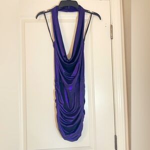 Rhapsody metallic purple ruched halter mini dress